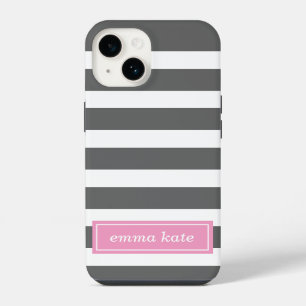 Coque Pour iPhone 14 Gris de charbon de bois et rayures de preppy rose