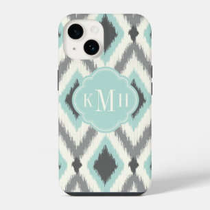 Coque Pour iPhone 14 Gris et Menthe Tribal Ikat Chevron Monogramme