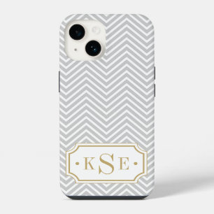 Coque Pour iPhone 14 Gris et Or Élégant Chevron Monogramme