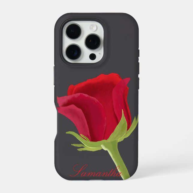 Coque iPhone Gris foncé avec rose rouge (Verso)