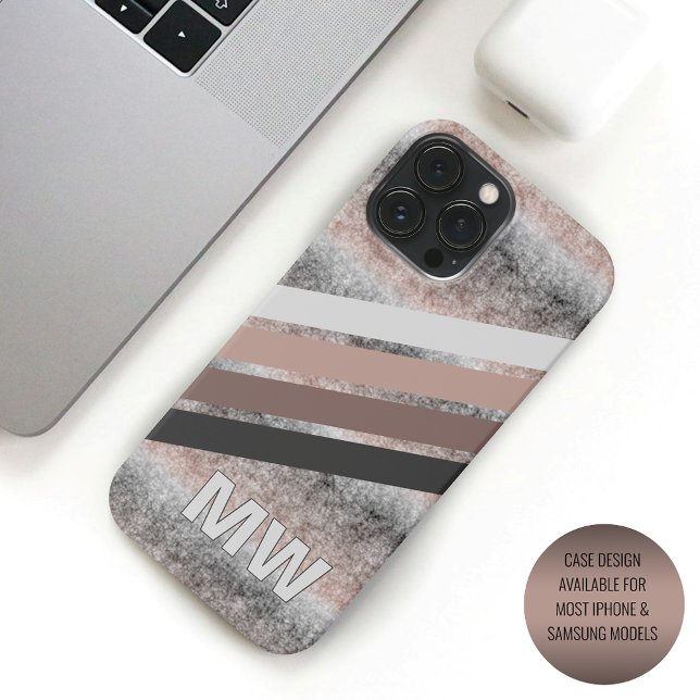Coque iPhone Gris Foncé Personnalisé Beige Brown Rayures rétro (Créateur téléchargé)