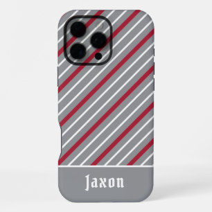 Coque iPhone 16 Pro Max Gris minimaliste avec rayures rouges foncées et bl