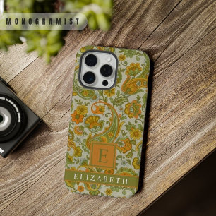 Coque iPhone 15 Pro Max Gris Orange Vert Jaune Paisley Personnalisable