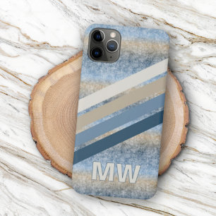 Coque iPhone 16 Pro Max Gris Taupe Brun Beige Rayures Bleu Foncé Personnal