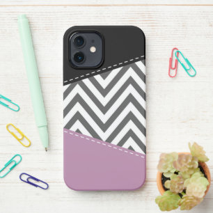 Coque iPhone 12 Gris Zigzag, Gris Chevron, Motif Zigzag, Violet