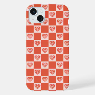 Coque iPhone 15 Plus Groovy Rétro Romantique Cœur Amour Damier Rouge