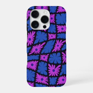 Coque iPhone 16 Pro Groovy Vague Trippy Années 60 Fleurs Checks Bleu R