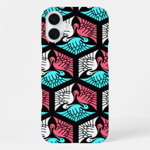 Coque iPhone 16 Plus Grues japonaises, corail, turquoise et noir
