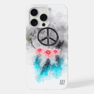 Coque iPhone 15 Pro Max *~* Grunge Aquarelle Signe de Paix Plumes Fleurs