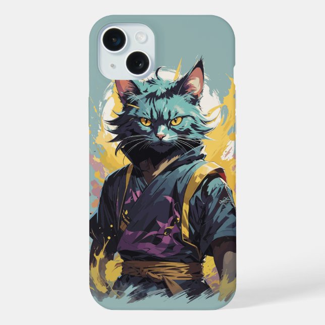 Coque iPhone Guerrier Chat Ninja Gris Éclaboussure de Feu Cool (Verso)