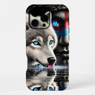 Coque iPhone 16 Pro Max Guerrier natif et reflet de loup au clair de lune
