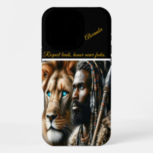 Coque iPhone 16 Pro Max Guerrier royal avec compagnon de lion.