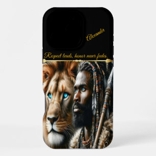 Coque iPhone 16 Pro Max Guerrier royal avec compagnon de lion.