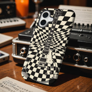 Coque iPhone 16 Plus Guitare électrique à carreaux Trippsy noir et blan