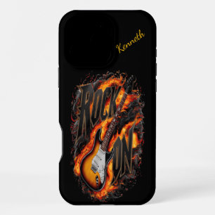 Coque iPhone 16 Pro Max Guitare électrique flamboyante avec texte gras