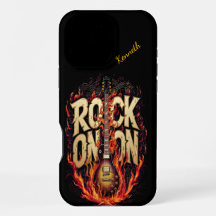 Coque iPhone 16 Pro Max Guitare en feu avec typographie d'inspiration rock