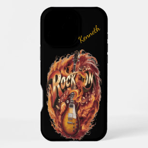 Coque iPhone 16 Pro Max Guitare lumineuse entourée de flammes et notes mus
