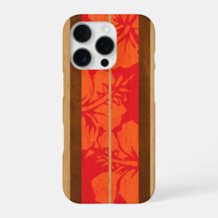 Coque iPhone 16 Pro Haleiwa Surfboard Faux Bois Hibiscus en Rouge