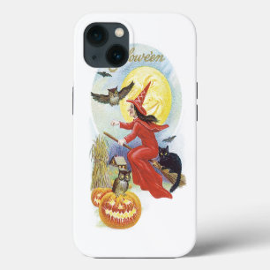 Etui iPhone 13 Halloween vintage, Sorcière volante avec un chat n