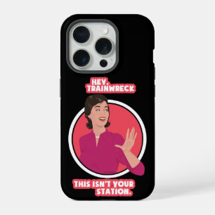 Coque iPhone 15 Pro Hé Trainwreck ! Fond noir.