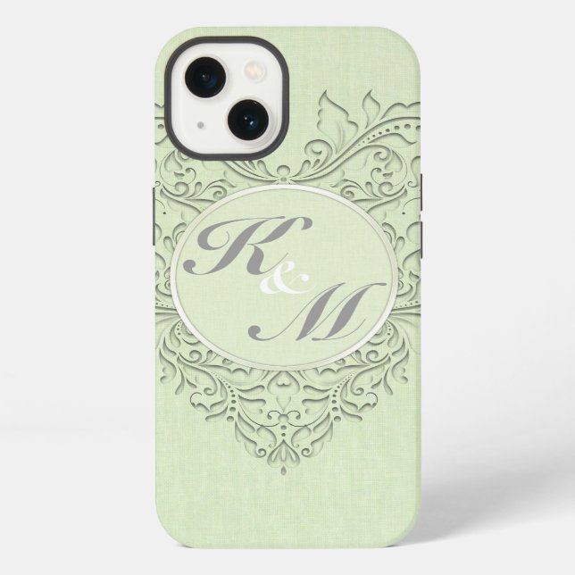 Coque iPhone HeartyChic vert citron lin Damassé Cœur (Verso)