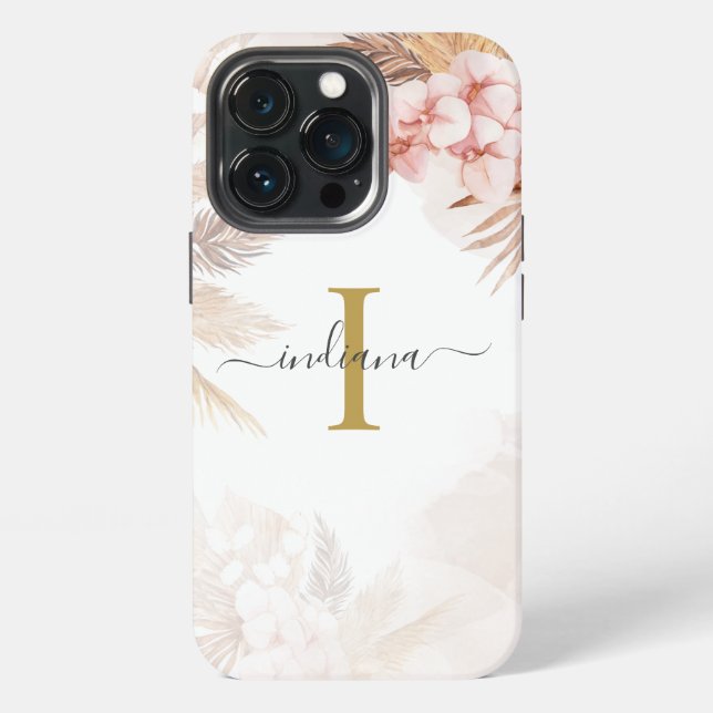 Coque iPhone Herbe des Pampas Monogramme Initiale Terracotta (Dos)