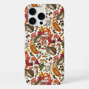 Coque iPhone 16 Pro Max Hérissons et flore forestière automnale sur ivoire