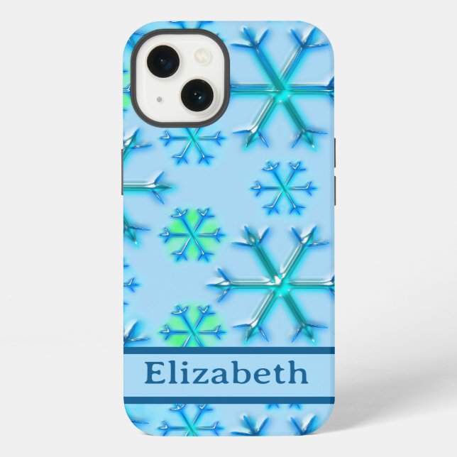 Coque iPhone Hexagon de flocon de neige bleu et blanc Nom du Mo (Verso)