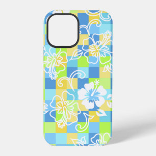 Coque iPhone 12 Pro Hibiscus à carreaux floral hawaïen turquoise