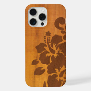 Coque iPhone 15 Pro Max Hibiscus floral en bois de Koa avec une ambiance d