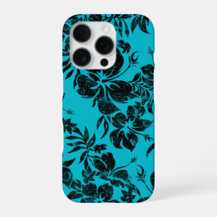 Coque iPhone 16 Pro Hibiscus Pareau Fleurs Hawaïennes Turquoise et Noi