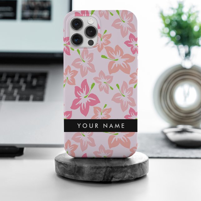 Coque iPhone Hibiscus rose, Fleurs roses, Votre nom (Créateur téléchargé)