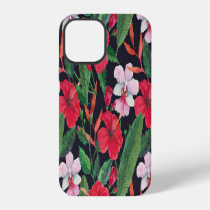 Coque iPhone 12 hibiscus rouge, orchidées, aquarelle tropicale.