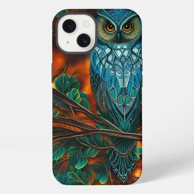 Coque iPhone Hibou turquoise cornu (Verso)