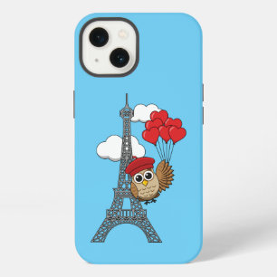 Etui iPhone 13 Hibou volant avec des ballons en forme de cœur à P