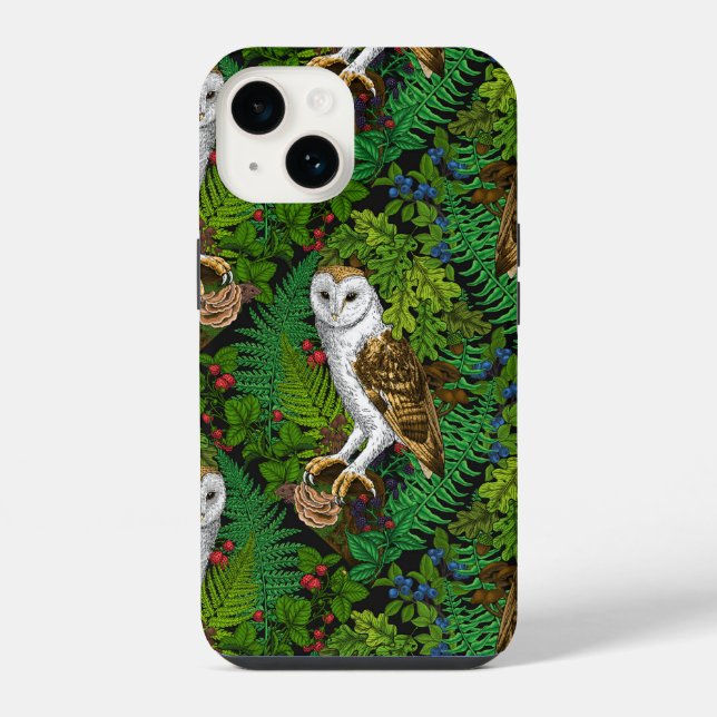 Coque iPhone Hiboux, fougères, chêne et baies (Verso)