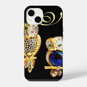 Coque Pour iPhone 14 HIBOUX JOYAUX, Or, Saphir Bleu , Topaze Perle Blan