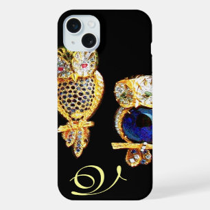 Coque iPhone 15 Plus HIBOUX JOYAUX, Or, Saphir Bleu , Topaze Perle Blan