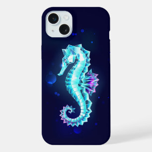 Coque iPhone 15 Plus Hippocampe Crystal Ice sur Fond Bleu