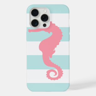 Coque iPhone 15 Pro Max Hippocampe rose sur rayures de menthe