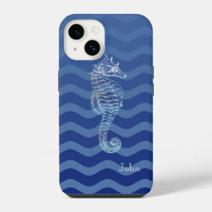 Coque Pour iPhone 14 Hippocampe Vagues Rayure Bleu Marine Nautique