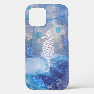 Coque iPhone 12 Hippocampe Vintage Élégant Vagues de l'Océan Bleu