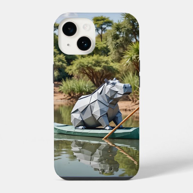 Coque iPhone Hippopotame en origami dans un canoë  (Verso)