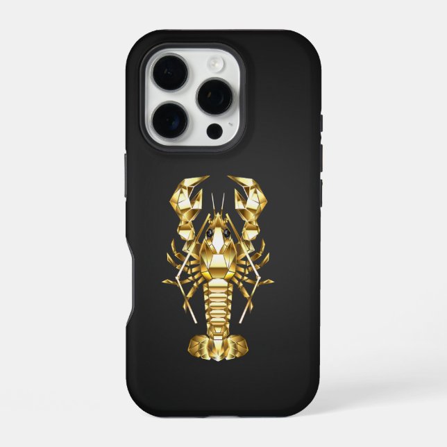 Coque iPhone Homard polygonal doré langouste sur fond noir (Verso)