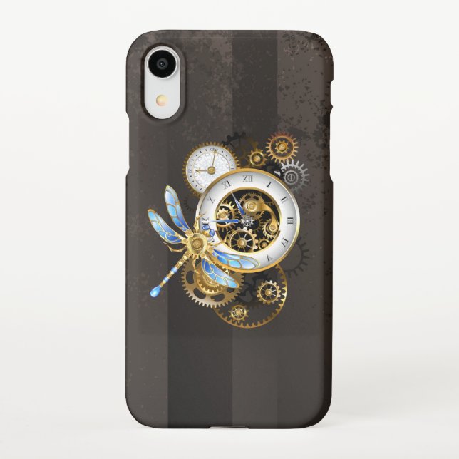 Coque iPhone Horloge à vapeur avec libellule mécanique (Dos)