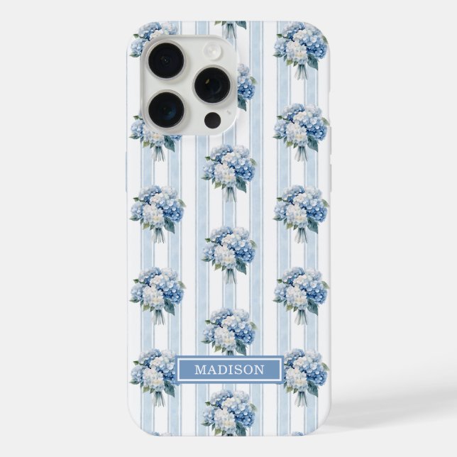 Coque iPhone Hortensias bleus sur rayures (Verso)