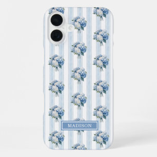 Coque iPhone 16 Plus Hortensias bleus sur rayures