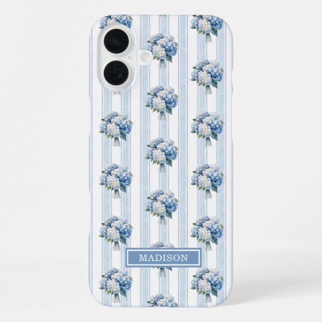 Coque iPhone Hortensias bleus sur rayures (Verso)