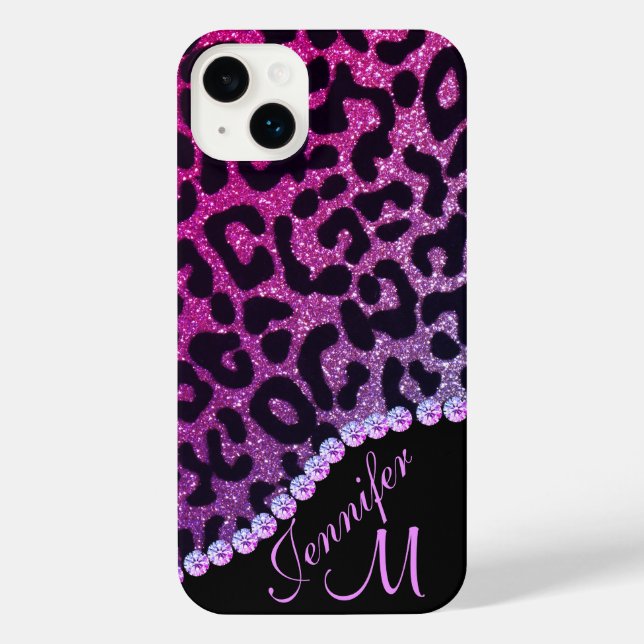 Coque iPhone Hot Pink and Rhinestone Leopard Glitter Monogram (Verso)