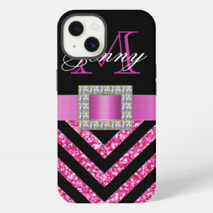 ETUI iPhone 13 HOT PINK CHEVRON NOIR GLITTER GIRLY